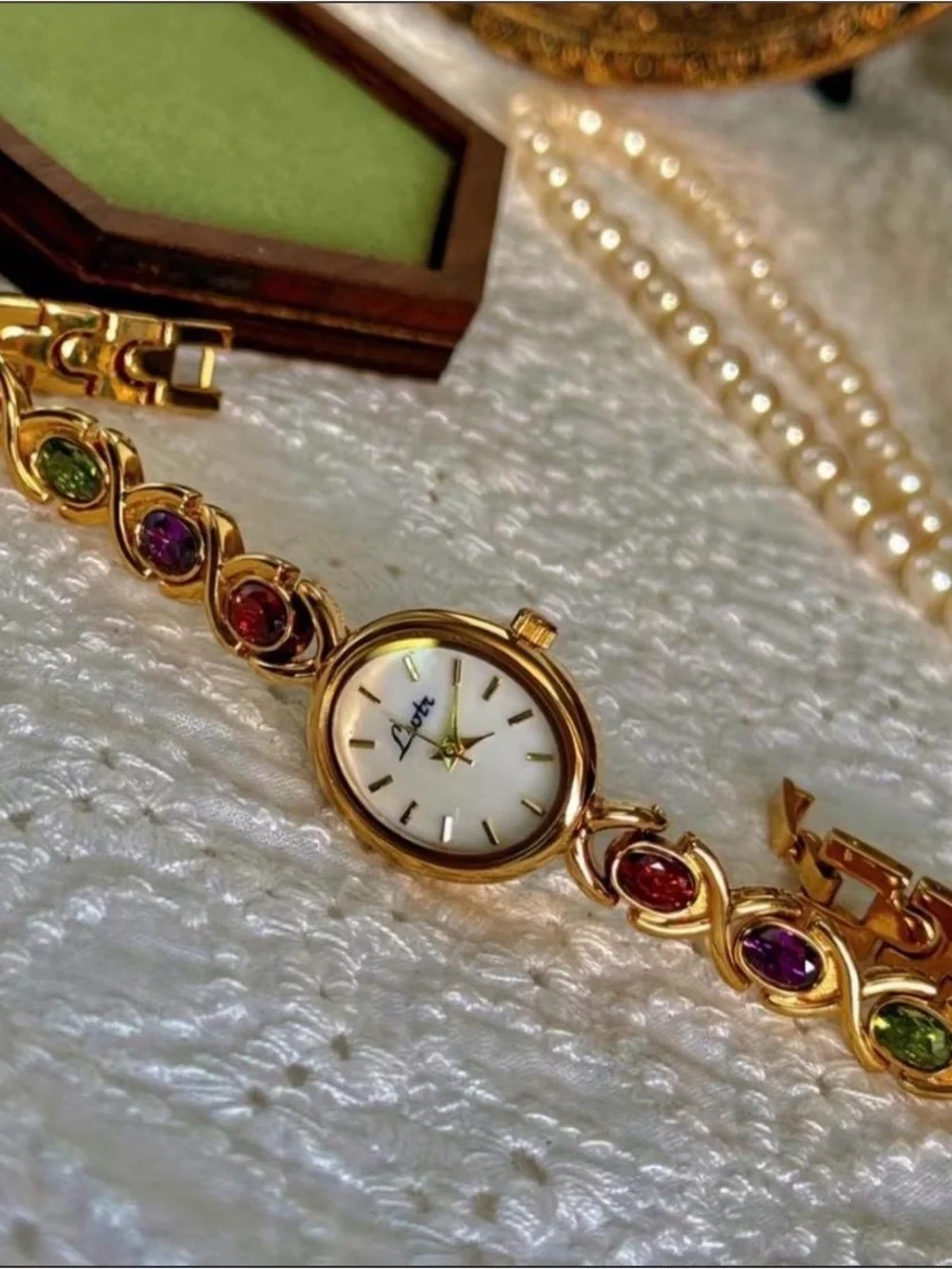 Gold-Tone Women's Bracelet Watch with Multicolor Gem Accents